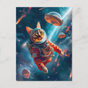 Postal Festiva Gato espacial aventurero flotando con gracia más a