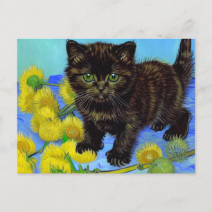 Postal Festiva Gato estilo Van Gogh con girasoles