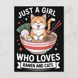 Postal Festiva Gato feliz en tazón de ramen con fideos y palillos