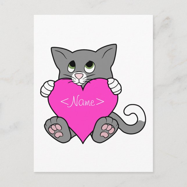 Postal Festiva Gato gris del el día de San Valentín con el (Anverso)