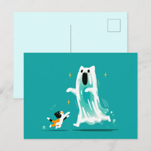 Postal Festiva Gato juguetón y fantasma amistoso - Halloween lind