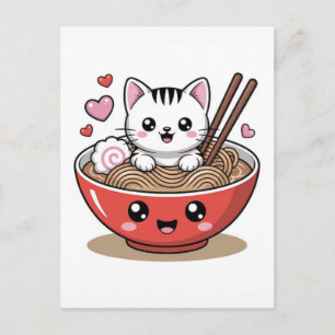 Postal Festiva Gato kawaii en tazón de ramen con palillos y coraz