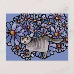 Postal Festiva Gato Kitty Púrpura Daisies Gris Gato Gris Gris Gri