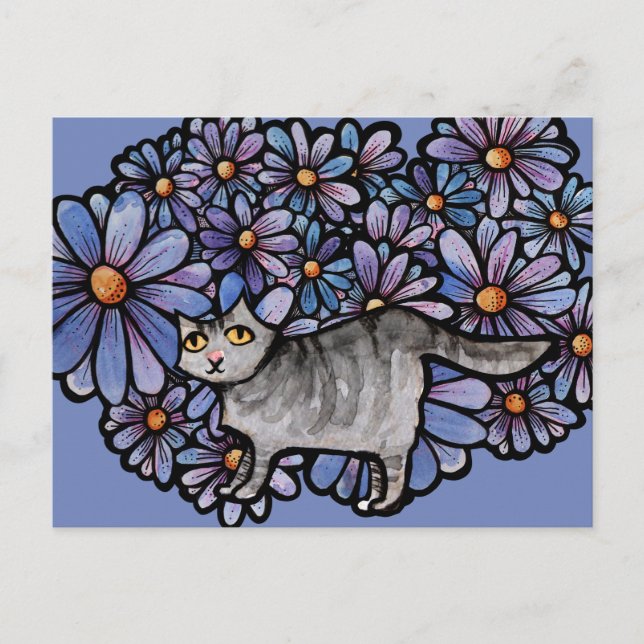 Postal Festiva Gato Kitty Púrpura Daisies Gris Gato Gris Gris Gri (Anverso)