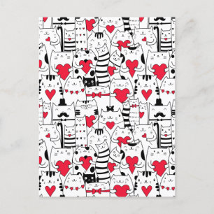 Postal Festiva Gato lindo blanco negro Corazón rojo