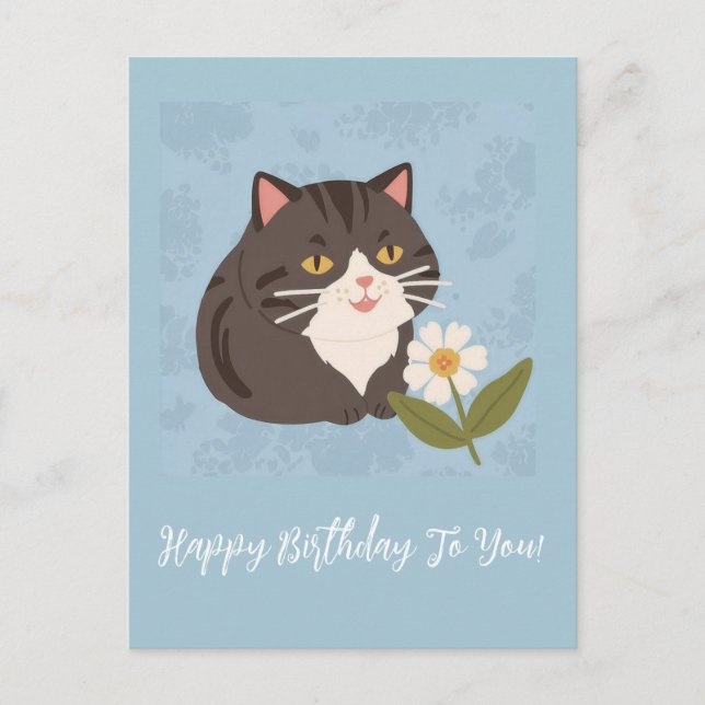 Postal Festiva Gato lindo con flores Feliz cumpleaños personaliza (Anverso)
