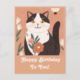 Postal Festiva Gato lindo con flores Feliz cumpleaños personaliza