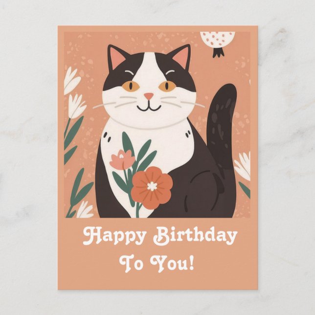 Postal Festiva Gato lindo con flores Feliz cumpleaños personaliza (Anverso)