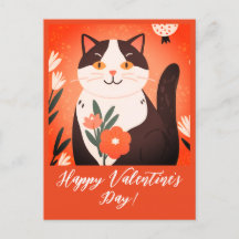 Gato lindo con flores Feliz Día de San Valentín