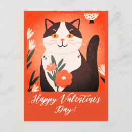 Postal Festiva Gato lindo con flores Feliz Día de San Valentín