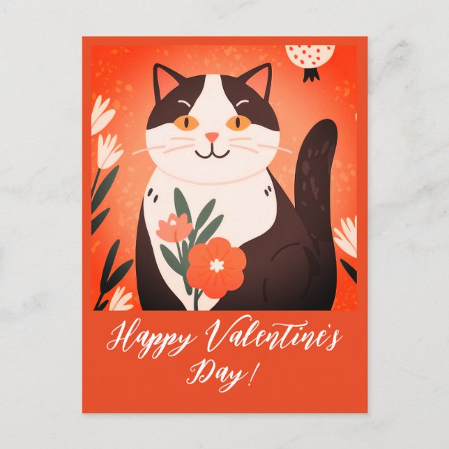 Postal Festiva Gato lindo con flores Feliz Día de San Valentín (Anverso)