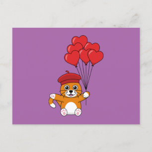 Postal Festiva Gato lindo con globos de corazón rojo