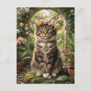 Postal Festiva Gato Maine Coon con Corona de Flores en un Jardín
