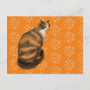 Postal Festiva Gato mermelada con fondo floral