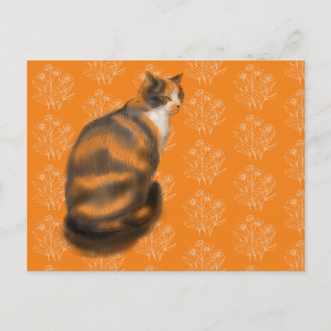 Postal Festiva Gato mermelada con fondo floral (Anverso)