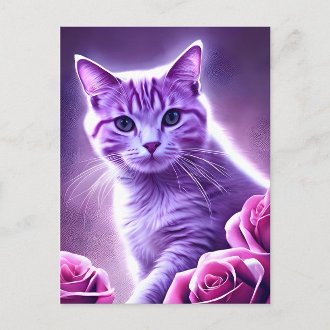 Postal Festiva Gato morado llamado Lavender con rosas (Anverso)