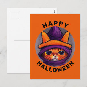 Postal Festiva Gato naranja con Gorra bruja morado Feliz Hallowee