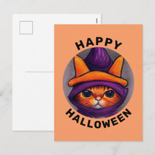 Postal Festiva Gato naranja con Gorra bruja morado Feliz Hallowee