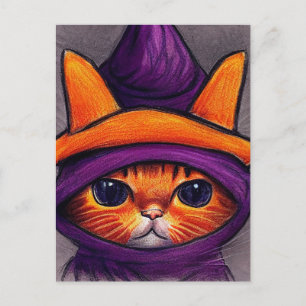 Postal Festiva Gato naranja con sombrero de bruja morado Feliz Ha