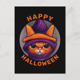 Postal Festiva Gato naranja con sombrero de bruja morado Feliz Ha