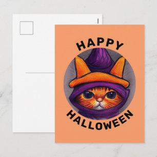 Postal Festiva Gato Naranja con Sombrero de Bruja Púrpura Feliz H