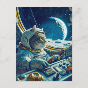Postal Festiva Gato naranja en la cabina con planetas afuera