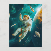 Gato naranja flotando en el espacio con escombros