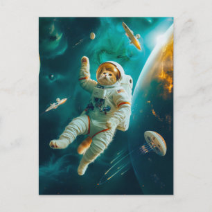 Postal Festiva Gato naranja flotando en el espacio con escombros