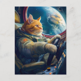Postal Festiva Gato naranja pilotando una nave espacial en órbita