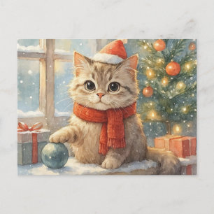 Postal Festiva Gato navideño lindo y caprichoso
