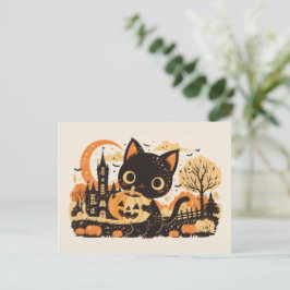 Postal Festiva Gato negro adorable con Jack-o’-lantern