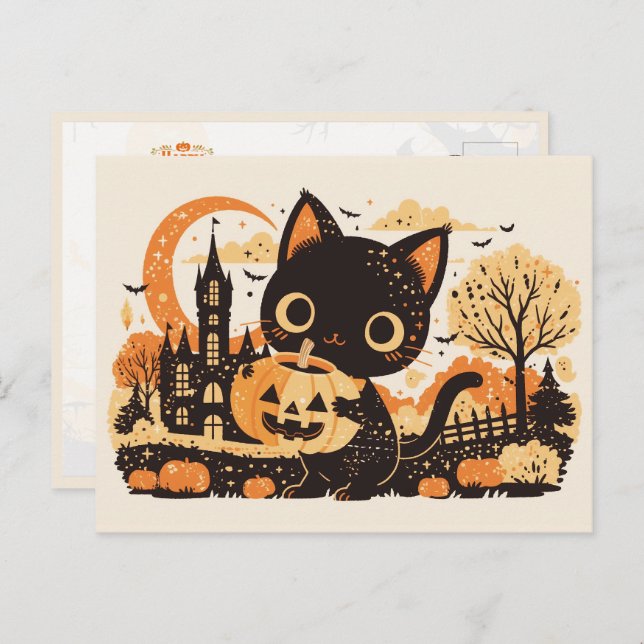 Postal Festiva Gato negro adorable con linterna Jack-o’ (Anverso / Reverso)