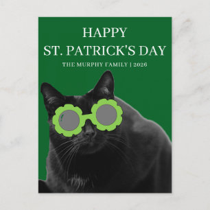 Postal Festiva Gato Negro Afortunado Trébol Día de San Patricio