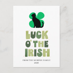Postal Festiva Gato Negro Afortunado Trébol Día de San Patricio