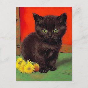 Postal Festiva Gato negro al estilo de Van Gogh