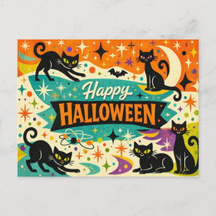 Postal Festiva Gato negro caprichoso Halloween de la era atómica