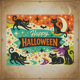 Postal Festiva Gato negro caprichoso Halloween de la era atómica