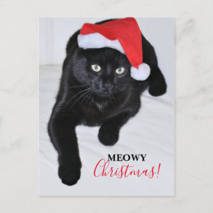 Postal Festiva Gato negro con el gorra rojo de Santa