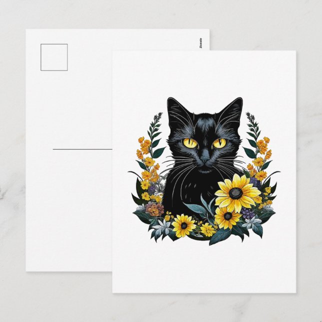 Postal Festiva gato negro con flores (Anverso / Reverso)