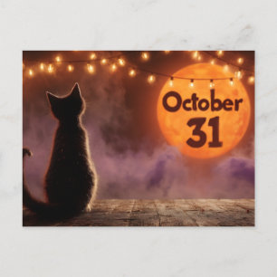Postal Festiva Gato negro con luna de Halloween del "31 de octubr