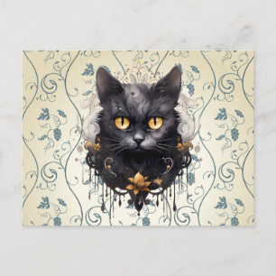 Postal Festiva Gato Negro con Rhinestones Hojas Uvas Halloween