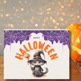 Postal Festiva Gato negro de Halloween con sombrero de bruja lind