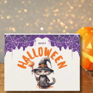 Postal Festiva Gato negro de Halloween con sombrero de bruja lind