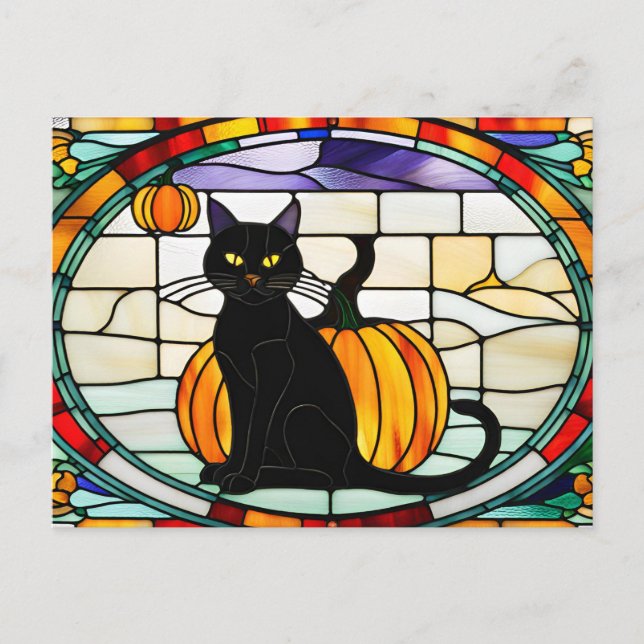 Postal Festiva Gato negro de Halloween de vidrio manchado (Anverso)