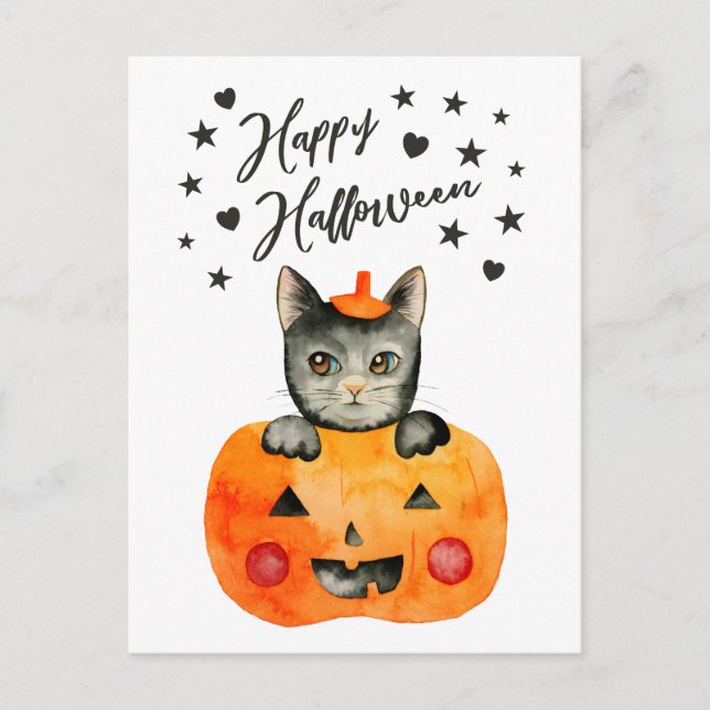 Postal Festiva Gato negro de Halloween en la linterna de Jack O' (Anverso)