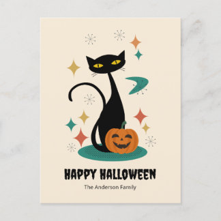 Postal Festiva Gato negro de Halloween Mid Century