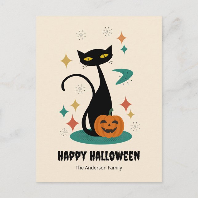 Postal Festiva Gato negro de Halloween Mid Century (Anverso)