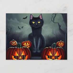 Postal Festiva Gato negro de Halloween y calabazas espeluznantes