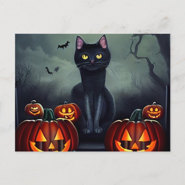 Postal Festiva Gato negro de Halloween y calabazas espeluznantes (Anverso)