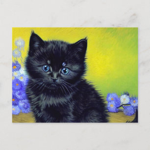 Postal Festiva Gato negro de Van Gogh con flores púrpuras